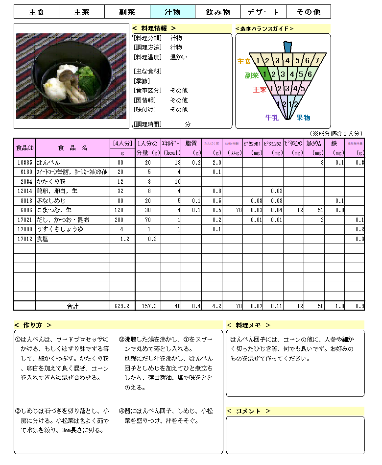 料理テーブル明細表